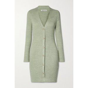 Anna Quan Sage Green Ribbed Button-Front Knit Dress